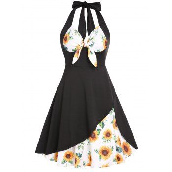 

Vintage Sunflower Print Corset Style Knotted Halter Flare Retro Dress, Black