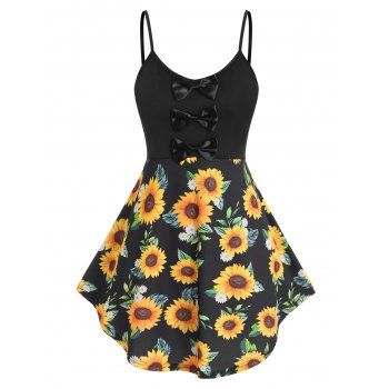 

Bowknot Sunflower Print Curved Hem Tunic Cami Top, Black