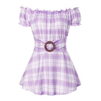 

Plaid O Ring Puff Sleeve Off The Shoulder Tee, Light purple