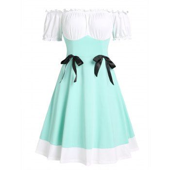 

Bowknot Ruched Bust Off The Shoulder Colorblock Dress, Light green