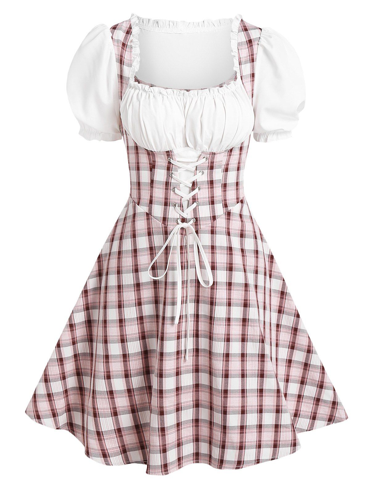 Lace Up Puff Sleeve Plaid 2 in 1 Dress - multicolor XL