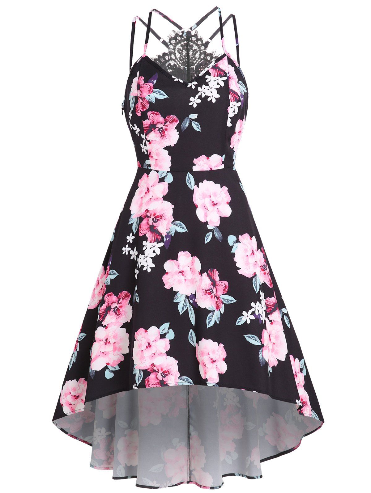 Flower Print Crisscross Lace Dress - BLACK XXXL