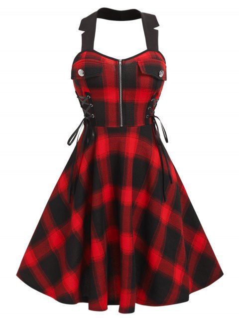 Vintage Plaid Checked Lace Up Corset Style Zip Flare Dress