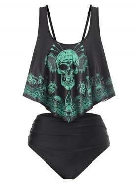 Gothic Skull Tribal Floral Swimsuit Tummy Control Flounce Ruched Tankini Swimwear