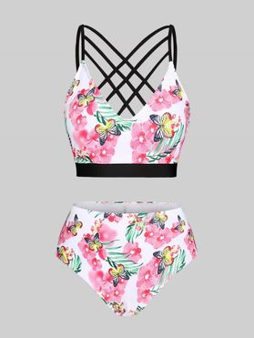 Plus Size Crisscross Floral Butterfly Print Bikini Swimwear