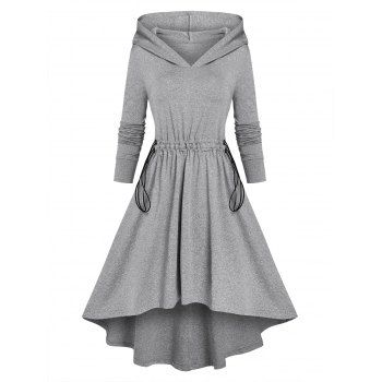 

Casual Heathered Marled Toggle Drawstring High Low Hooded Dress, Light gray