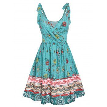 

Floral Tie Shoulder Surplice Boho A Line Dress, Deep green