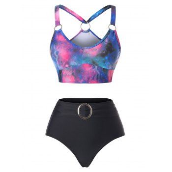 

Galaxy Print Tankini Swimwear Tummy Control Swimsuit O Ring Cut Out Beach Bathing Suit, Black