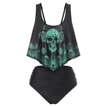 

Gothic Skull Tribal Floral Swimsuit Tummy Control Flounce Ruched Tankini Swimwear, Black