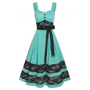 

Contrast Colorblock Bicolor Two Tone Lace Insert Bowknot A Line Midi Dress, Green