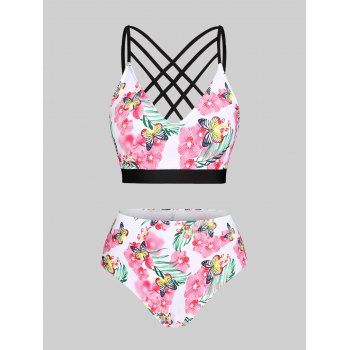 

Plus Size Crisscross Floral Butterfly Print Bikini Swimwear, White