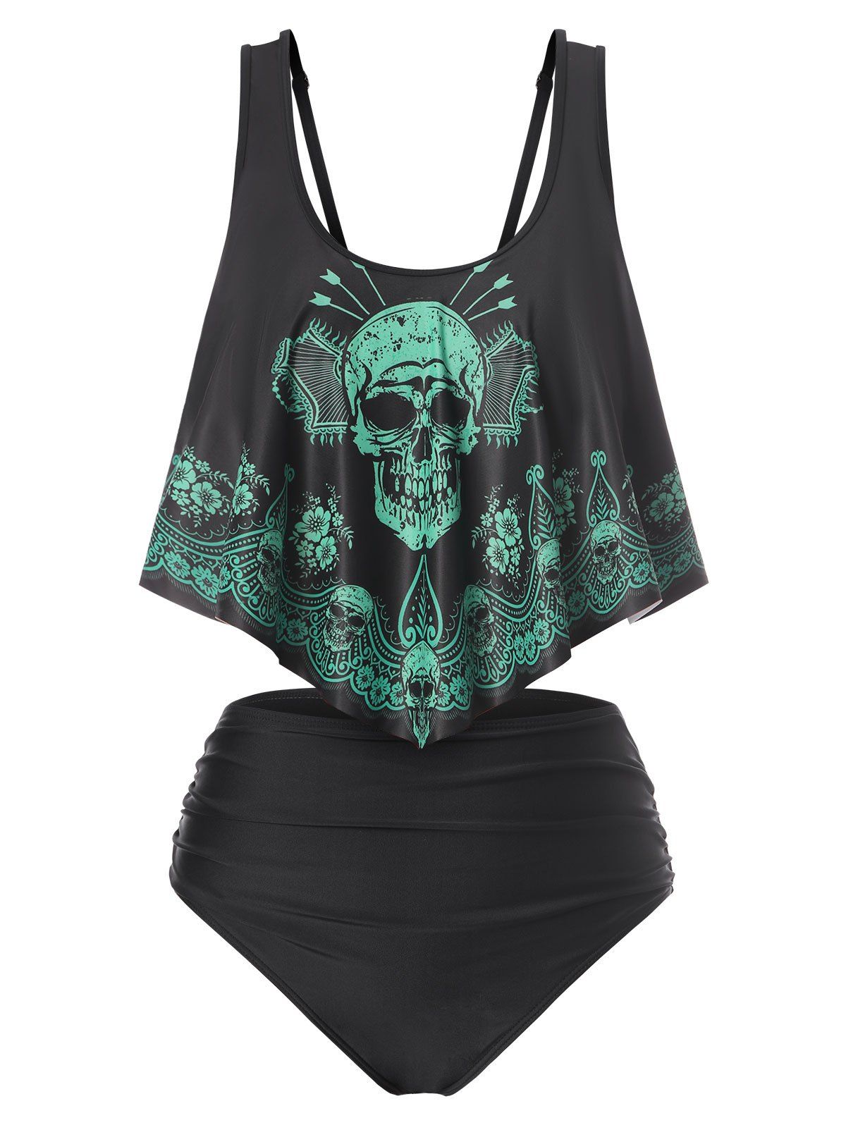 Gothic Skull Tribal Floral Swimsuit Tummy Control Flounce Ruched Tankini Swimwear - BLACK L