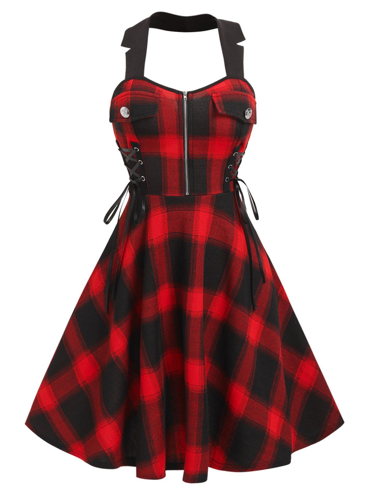 Vintage Plaid Checked Lace Up Corset Style Zip Flare Dress - RED L