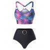 Galaxy Print Tankini Swimwear Tummy Control Swimsuit O Ring Cut Out Beach Bathing Suit - BLACK XXXL