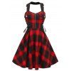 Vintage Plaid Checked Lace Up Corset Style Zip Flare Dress - RED L