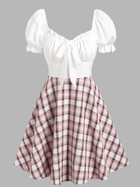 Plaid Checked Contrast Puff Sleeve Ruched Bowknot A Line Milkmaid Dress