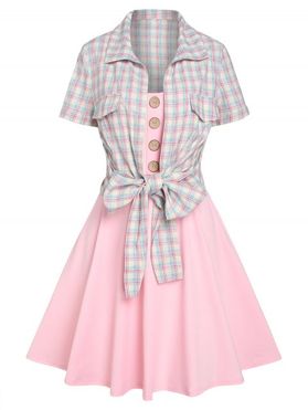 Bowknot Plaid Top And Mock Button Dress