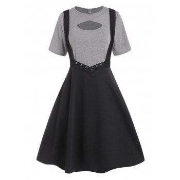 

Cut Out Heathered Short Sleeve T Shirt And Grommet Crossover Suspender Skirt Two Piece Set, Black