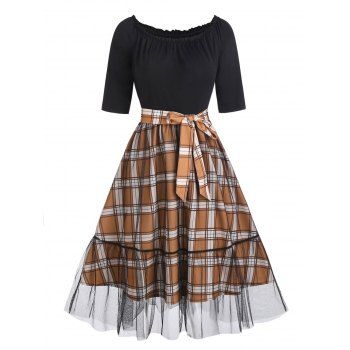 

Sheer Lace Overlay Plaid Print Combo Dress Half Sleeve Belted A Line Dress Ruffled Scoop Neck Dress, Coffee