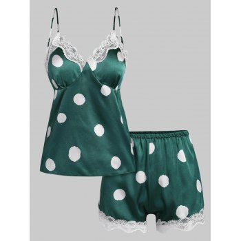 

Satin Polka Dot Padded Lace Insert Pajama Shorts Set, Green