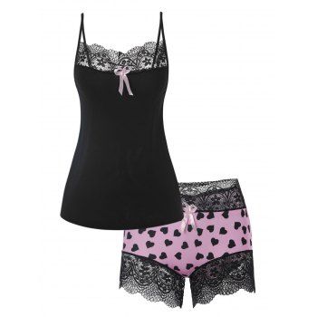 

Lace Panel Heart Print Bowknot Pajama Shorts Set, Black