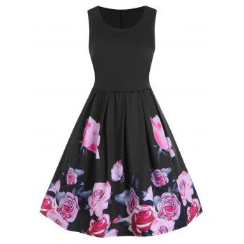 

Pleated Flower Print Skater Tank Dress, Black