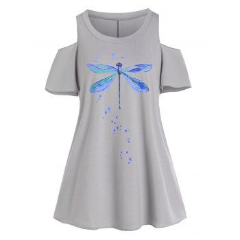 

Open Shoulder Cutout Dragonfly Print Tee, Light gray