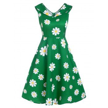 

Daisy Print Turn Down Collar Dress, Light green