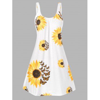 

Summer Sunflower Butterfly Print Sundress Mini Tank Dress, Multicolor