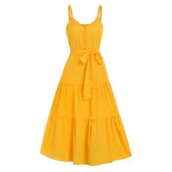 

Loop Button Belted Tiered Dress, Light yellow
