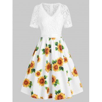 

Summer Vacation Sunflower Print Rose Lace Insert V Neck A Line Dress, Multicolor