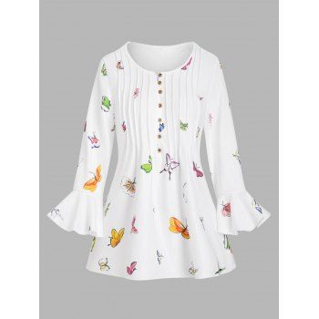 

Flare Sleeve Butterfly Print Pintuck Tee, White