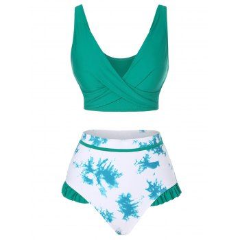 

Tie Dye Ruffle Twisted High Waisted Bikini Swimwear, Deep green
