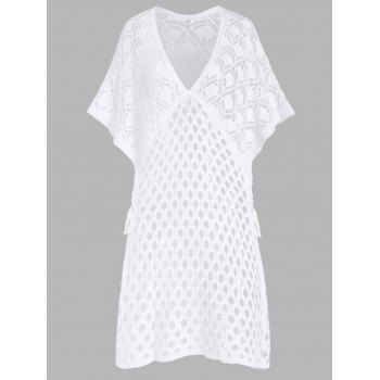 

See Through Plunge Crochet Batwing Sleeve Lace Up Side Slit Cover Up, White