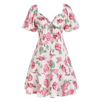 

Puff Sleeve Flower Knotted Flounce Dress, Light pink