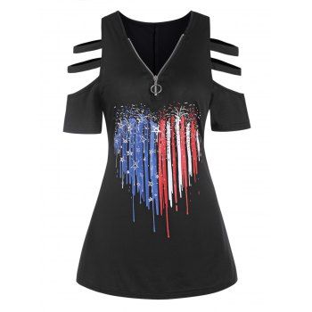 

Heart Star Print Ladder Cut Shoulder O Ring Zipper T Shirt, Black