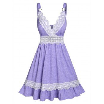 

Summer Vacation Floral Lace Insert Plunging Neck O Ring Flounce Mini Dress, Light purple