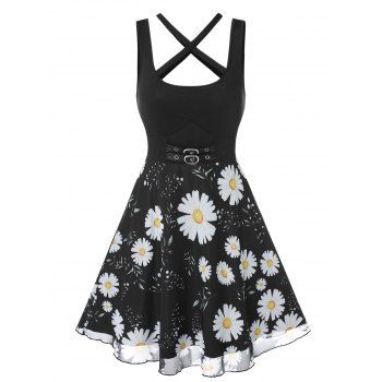 

Daisy Print Mesh Insert Buckle Embellished Criss Cross Dress, Black