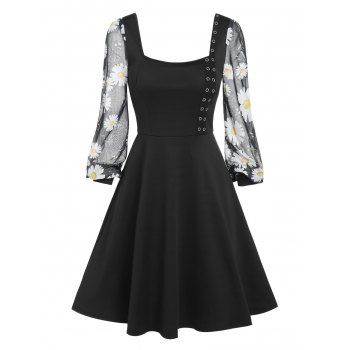 

Daisy Print Mesh Lantern Sleeve Flare Dress, Black