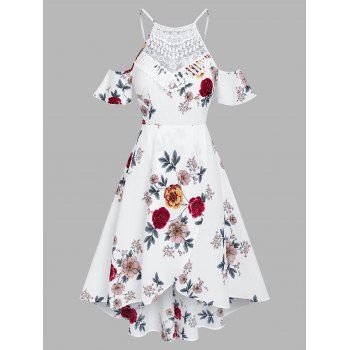 

Flower Print Cold Shoulder Surplice Dress, White