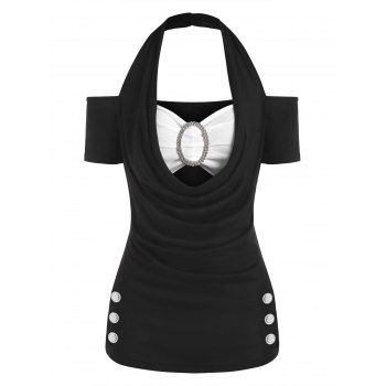 

Cowl Front Rhinestone Cold Shoulder Cutout Tee, Black
