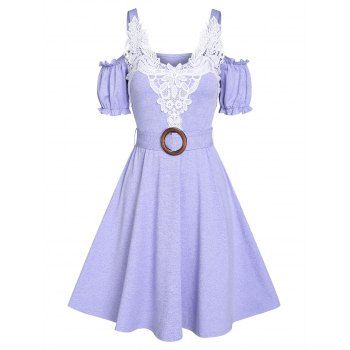 

O Ring Flower Lace Cold Shoulder Dress, Light purple