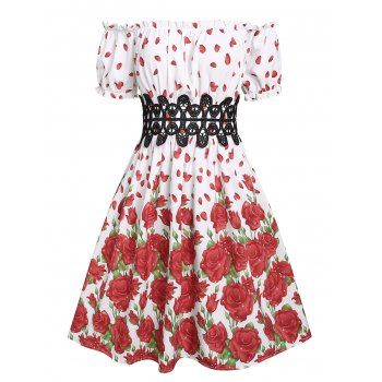 

Off The Shoulder Rose Lace High Waist Dress, Red