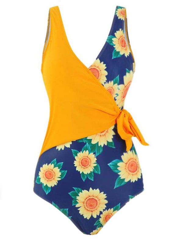 Tie Side Sunflower One-piece Swimsuit - multicolor L