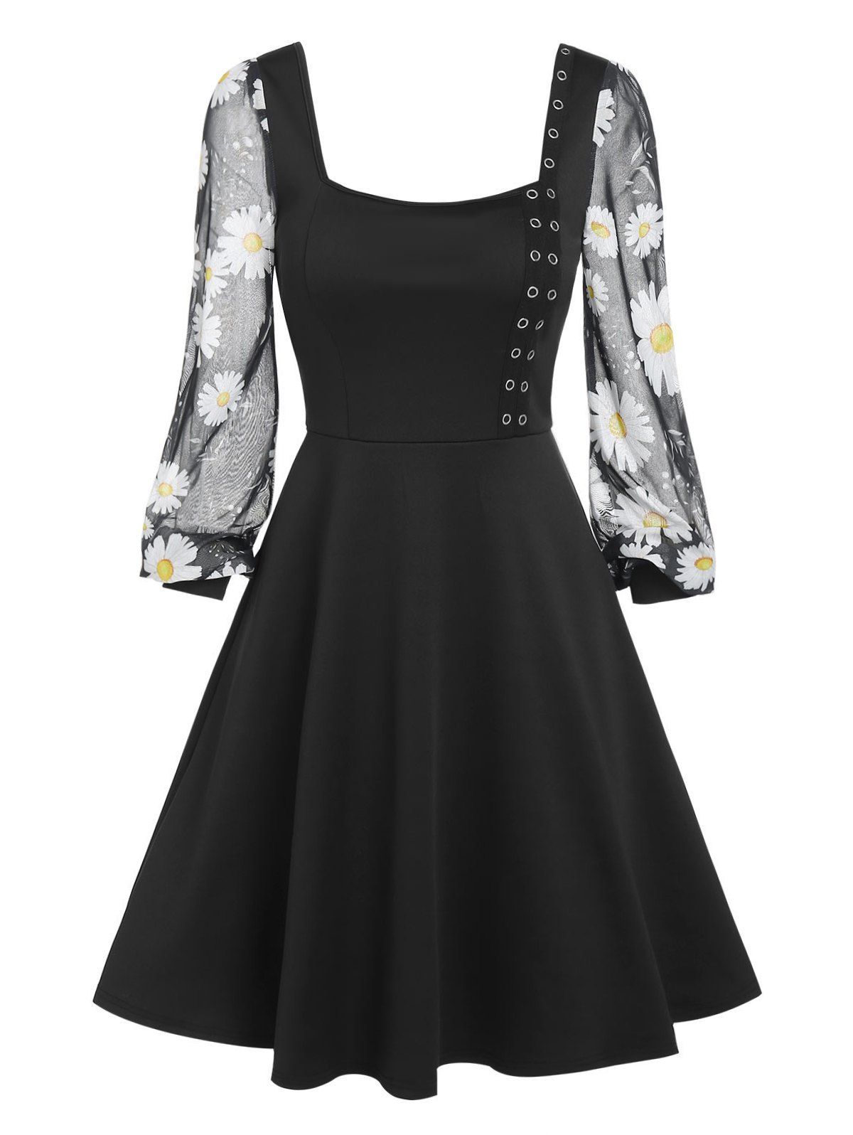 Daisy Print Mesh Lantern Sleeve Flare Dress - BLACK XXL