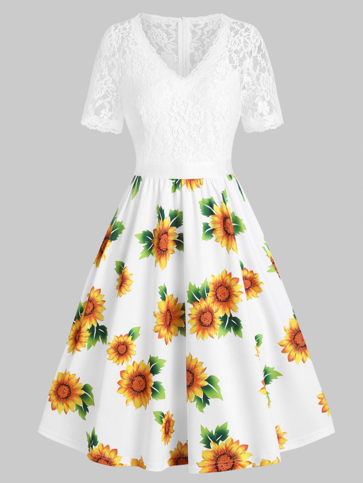 Summer Vacation Sunflower Print Rose Lace Insert V Neck A Line Dress - multicolor XXL