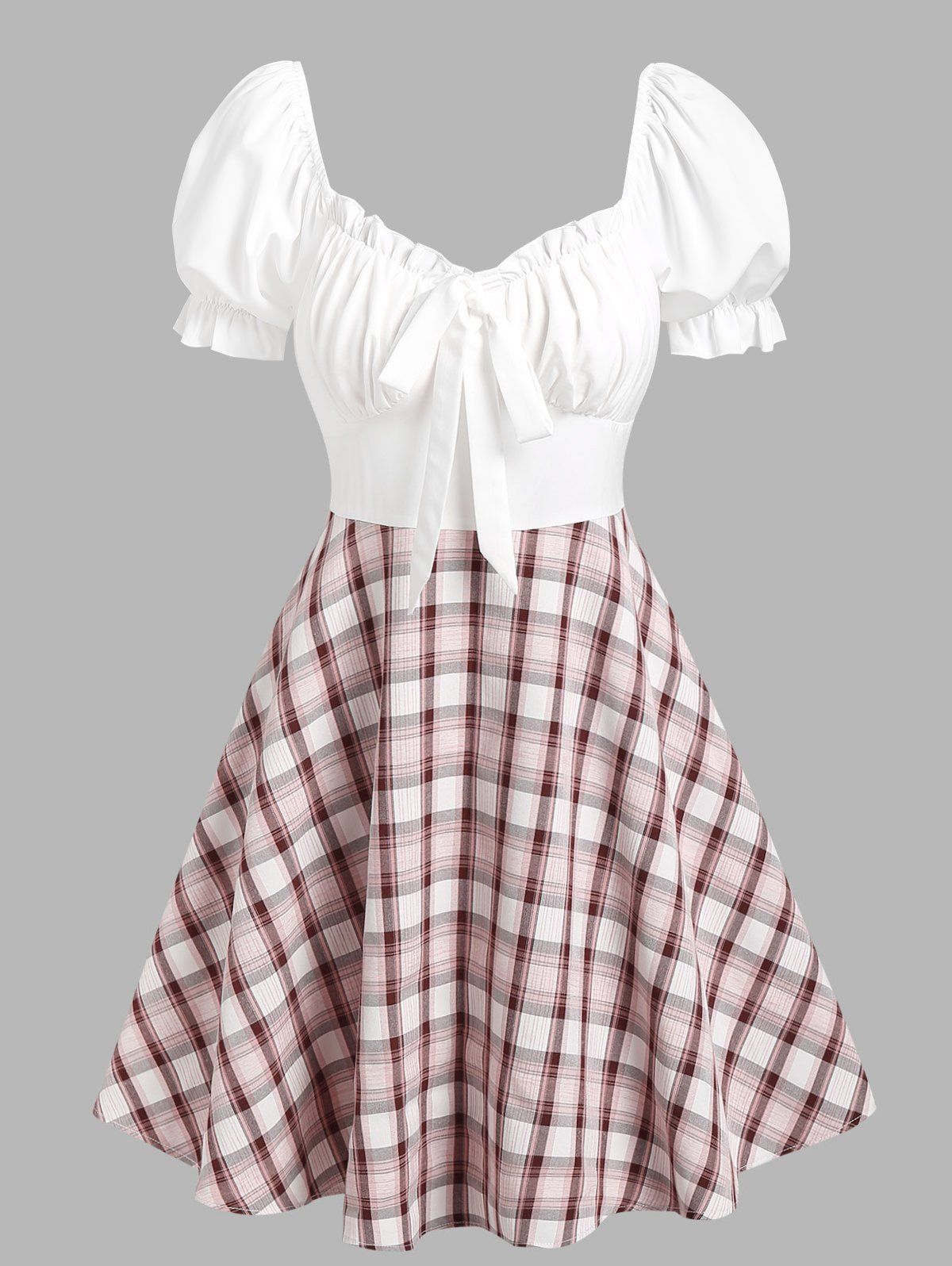 Plaid Checked Contrast Puff Sleeve Ruched Bowknot A Line Milkmaid Dress - multicolor L