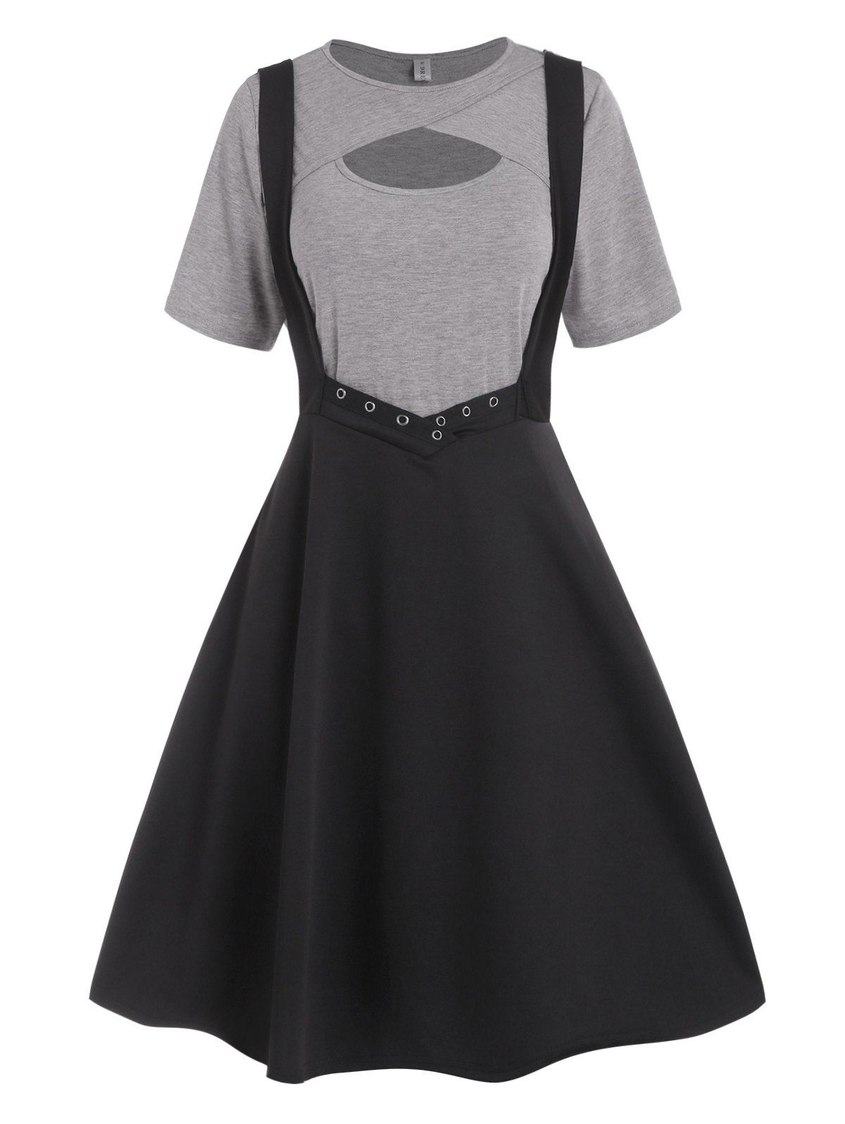 Cut Out Heathered Short Sleeve T Shirt And Grommet Crossover Suspender Skirt Two Piece Set 