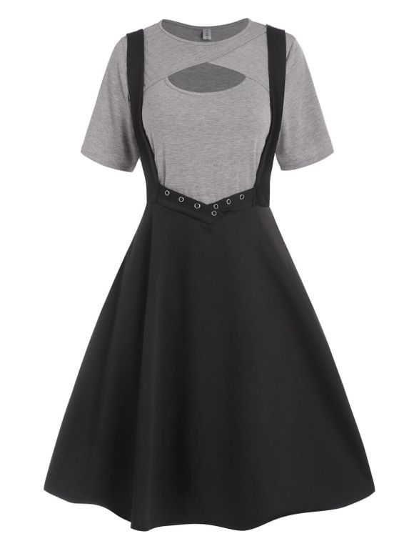 Cut Out Heathered Short Sleeve T Shirt And Grommet Crossover Suspender Skirt Two Piece Set - BLACK M