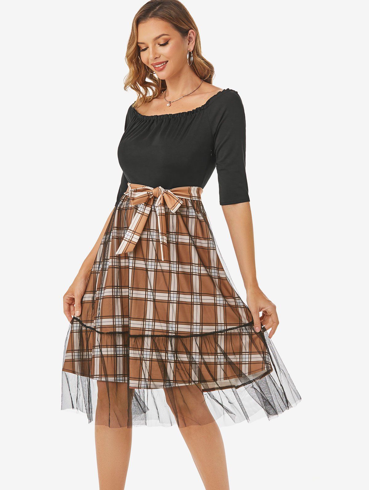 Sheer Lace Overlay Plaid Print Combo Dress Half Sleeve Belted A Line Dress Ruffled Scoop Neck Dress 